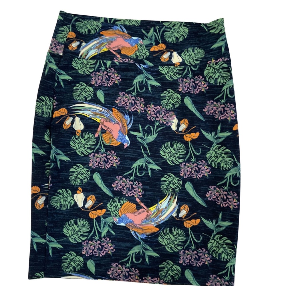 LuLaRoe Cassie Skirt Women L Black Excellence Tropical Bird Pencil